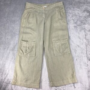 Vtg Cut Loose Pants Womens Sz L Green Wide Leg Linen Cargo Lagenlook Ankle Boho